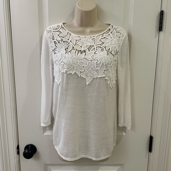 J. Jill XS White Linen Blend Embroidered Collar Chest Lightweight Sweater - Picture 2 of 13